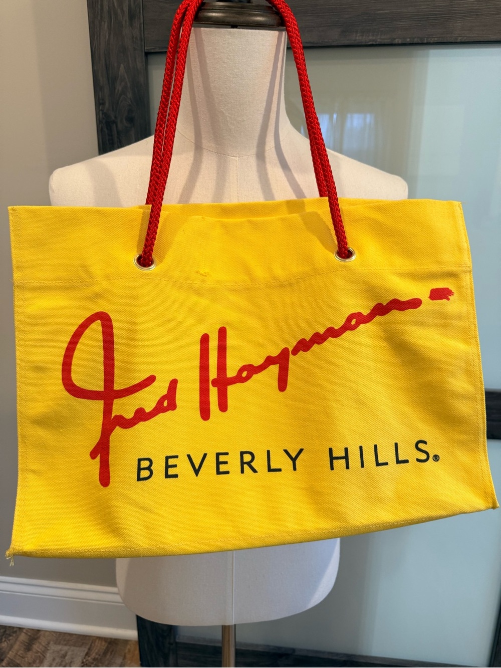 Vintage Fred Hayman Beverly Hills Canvas Tote w/ Red Rope Handles